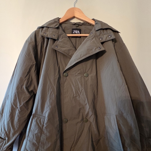 Zara Women's Double Breasted Long Waterproof Hoodie Jacket Coat Green Sz M - Picture 11 of 16